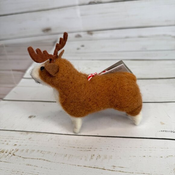 Felted Wool Corgi Dog Reindeer Antlers Christmas Tree Pet Ornament Wondershop - Picture 6 of 7